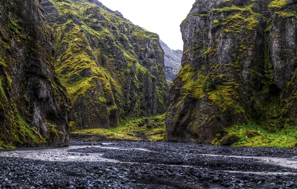 Picture stones, rocks, moss, gorge, Iceland, Thorsmork National Park