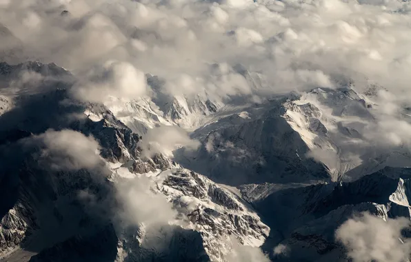 Picture landscape, mountains, clouds, snow, top view