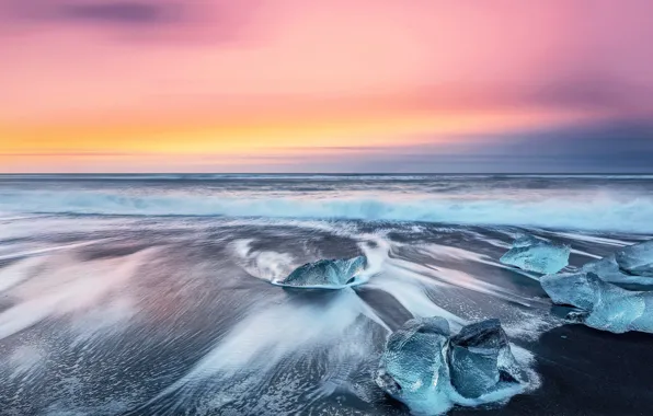 Ice, sea, wave, sunset, dawn, blue, shore, ice