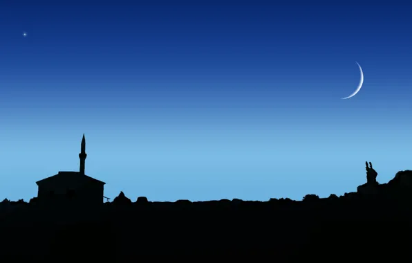 Picture the sky, night, the moon, star, mosque