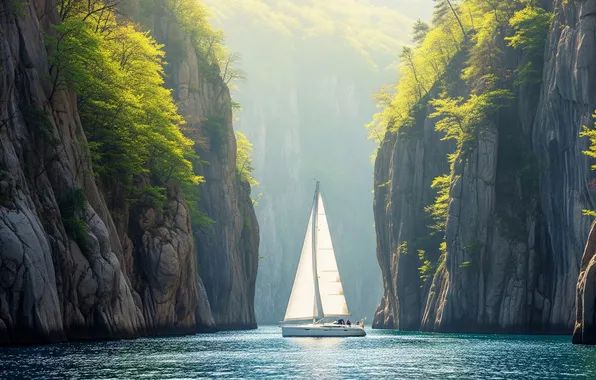 Water, rocks, Wallpaper, sailboat, yacht, art, wallpaper, water