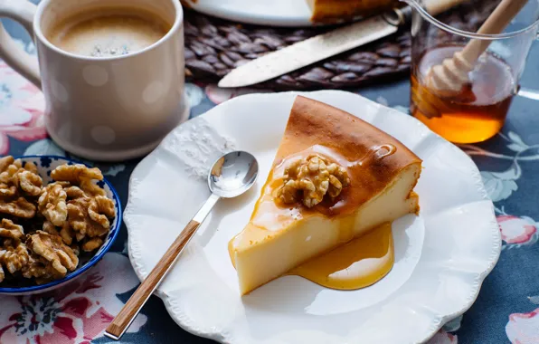 Picture coffee, honey, pie, spoon, Cup, nuts, dessert