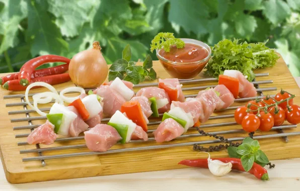 Bow, meat, pepper, tomatoes, ketchup, kebab, garlic, Basil