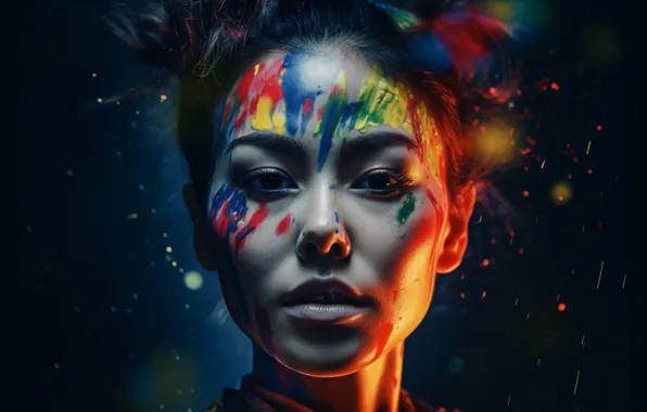 Girl, face, paint, portrait, makeup, black background, painting, body painting