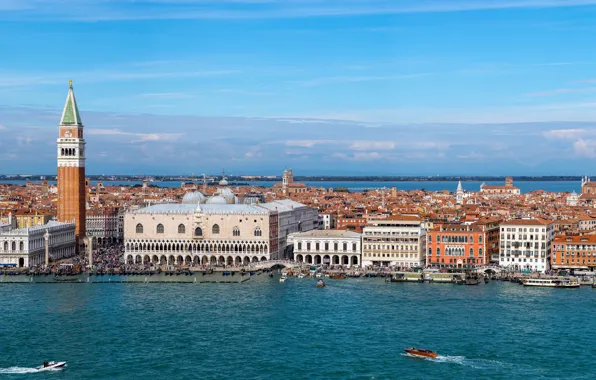 Building, tower, Italy, panorama, Venice, channel, boats, promenade