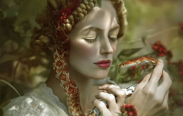 Girl, fantasy, snake, art, Secret, Agnieszka Lorek, Ellie Bee