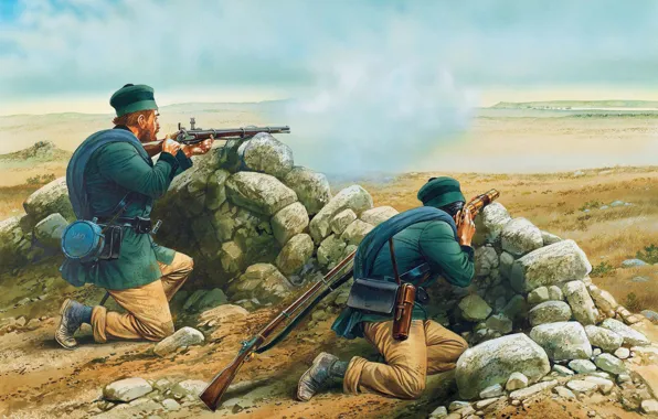 Art, artist, soldiers, sniper, watching, next, armed, position