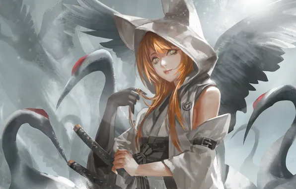 Picture girl, birds, smile, weapons, wings, katana, anime, art