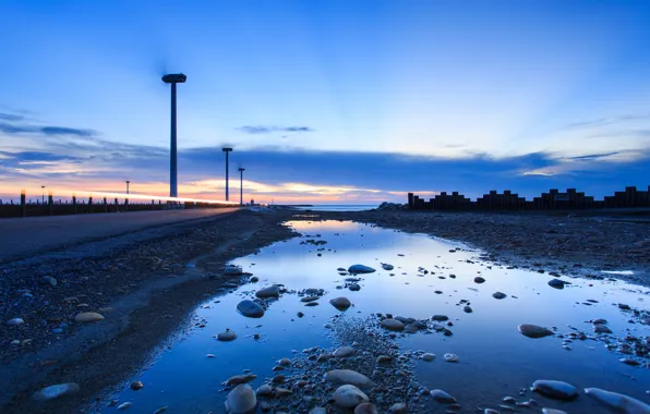 The sky, Clouds, Road, Lights, The fence, Horizon, House, Stones
