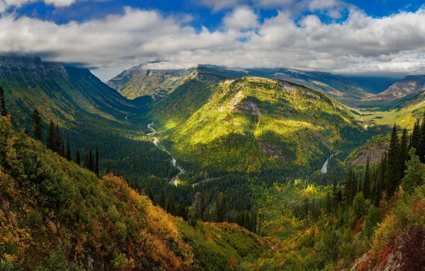 Picture autumn, forest, clouds, light, mountains, view, height, dal