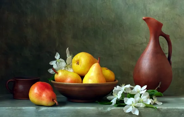 Picture bowl, mug, pitcher, flowers, pear