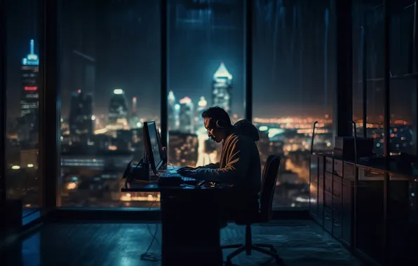 Computer, night, the city, lights, table, room, work, people
