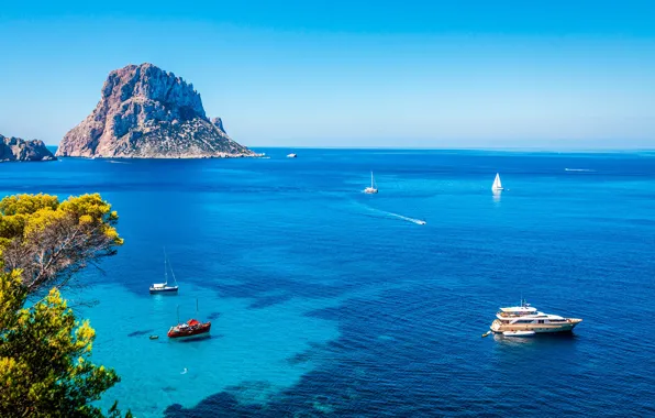 Sea, the sky, trees, stones, rocks, yacht, horizon, Sunny