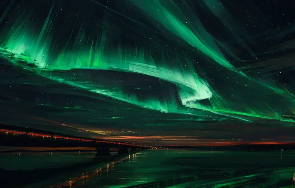 Picture the sky, bridge, Northern lights, Northern Lights, Aenami, Alena Aenam The, Alyona Velichko, Alena Velichko