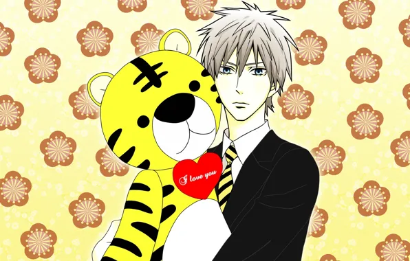 Flowers, background, toy, anime, art, guy