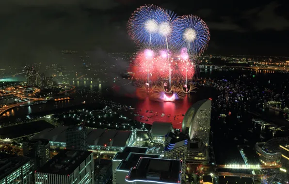 Night, the city, lights, home, salute, Japan, fireworks, Yokohama