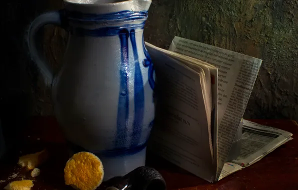 Ash, tube, newspaper, pitcher, still life