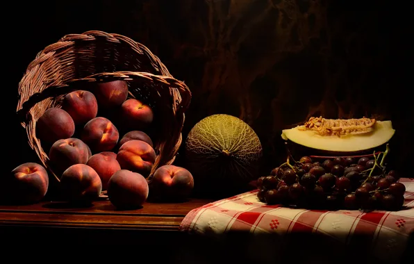 Light, the dark background, table, towel, still life, basket, peaches, melon