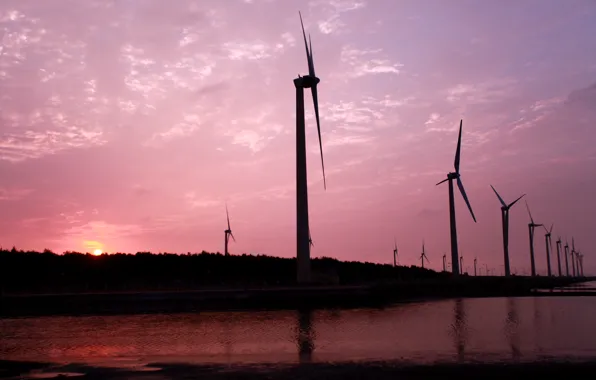 The sky, water, the sun, clouds, sunset, pink, the evening, Windmills