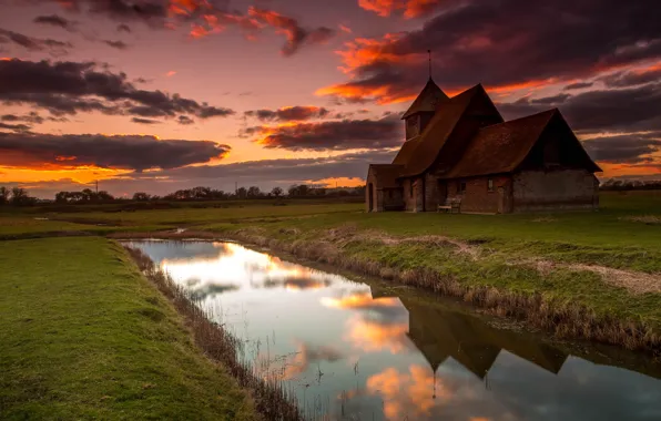 Sunset, shore, building, home, the evening, mansion, pond, vintage