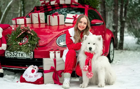 Winter, machine, forest, girl, snow, nature, woman, dog