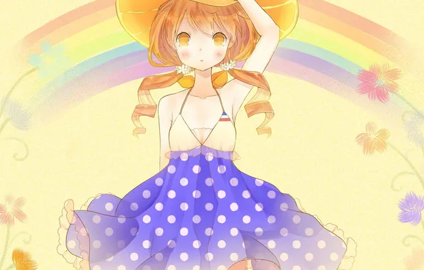 Girl, flowers, rainbow, hat, anime, art, yuki, mad.usagi