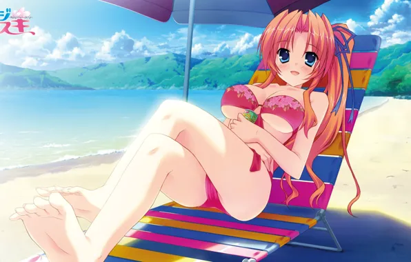 Umbrella, chaise, red, bikini, vacation, on the beach, visual novel, coast