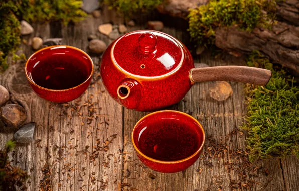 Red, tea, Board, moss, kettle, the tea party, Cup, log