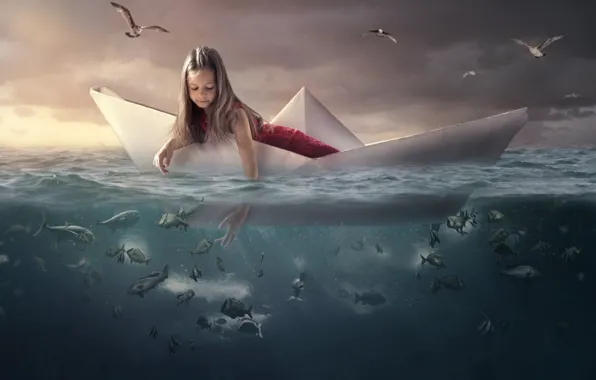 Sea, water, fish, birds, seagulls, girl, boat