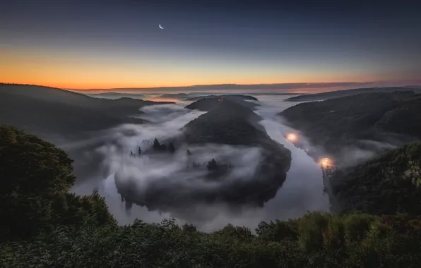 Night, fog, river, the moon, Germany, Saar, Saarschleife