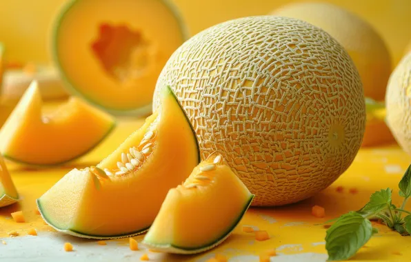 Summer, yellow background, slices, slices, melon, melon, AI art, neural network