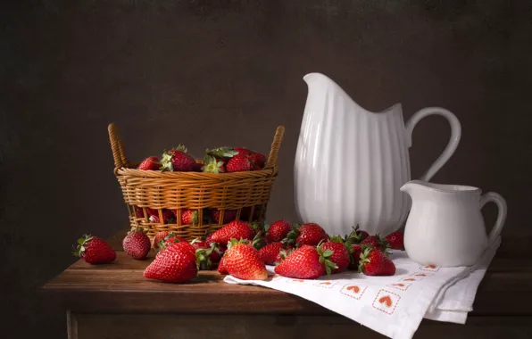 Berries, table, towel, strawberry, pitcher, still life, basket, ceramics