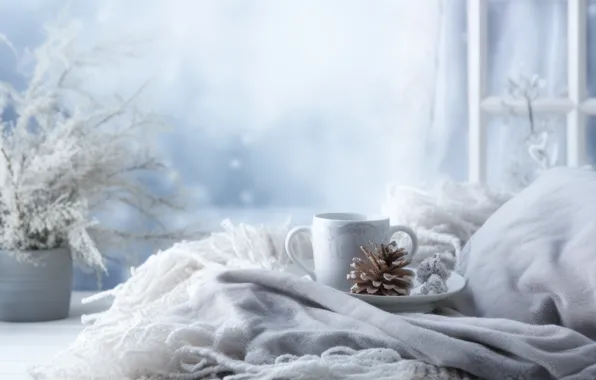 Winter, glass, balls, snow, comfort, window, Christmas, mug