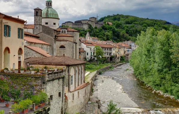 Trees, landscape, mountains, river, home, Italy, Tuscany, Pontremoli