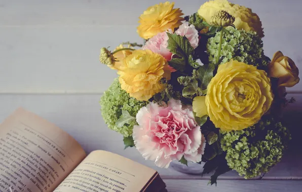 Bouquet, book, carnation, hydrangea, Ranunculus