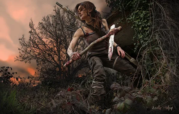 The sky, leaves, girl, trees, sunset, branches, weapons, hair