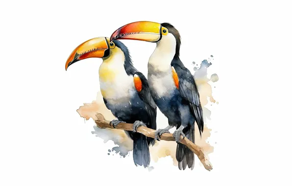 Birds, branch, watercolor, pair, white background, painting, a couple, Duo