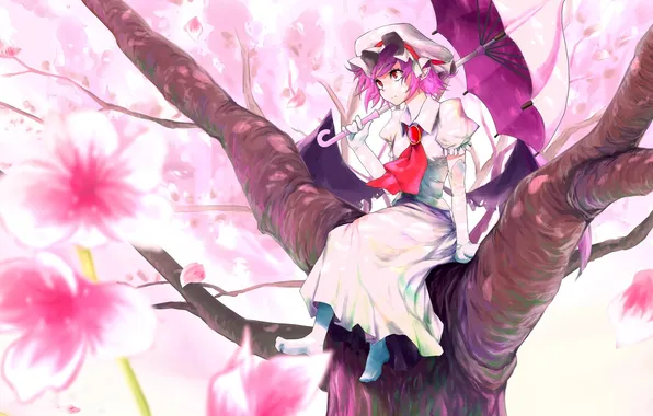 Picture girl, smile, tree, umbrella, petals, Sakura, touhou, remilia scarlet