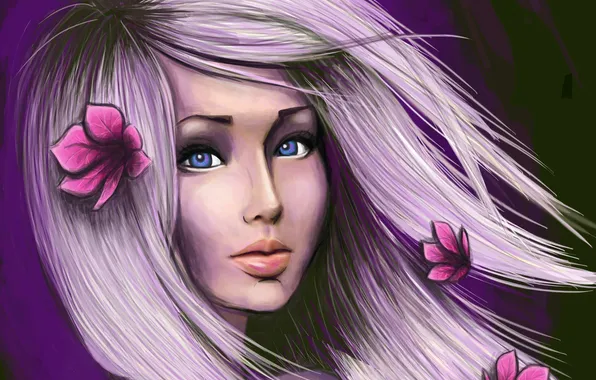 Picture look, girl, face, hair, pink, flowers