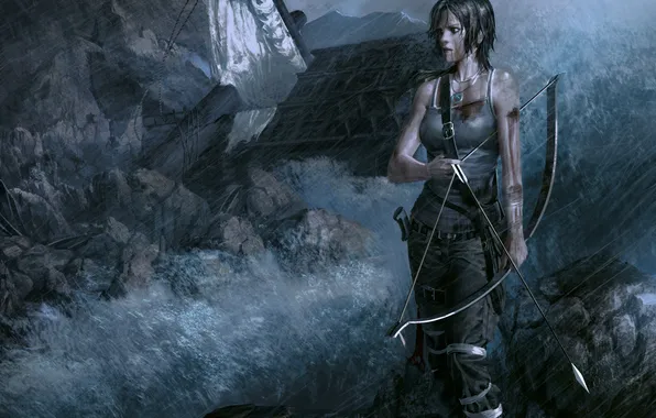 Picture girl, house, stones, weapons, bow, art, arrow, Lara Croft