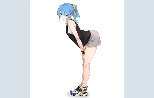 Picture blue eyes, ponytail, thighs, bent over, blue hair, looking at viewer, Hololive, Hoshimachi Suisei