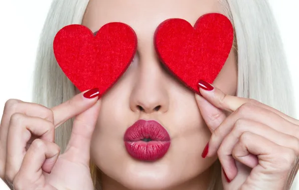 Girl, red, kiss, hands, makeup, lipstick, hairstyle, blonde