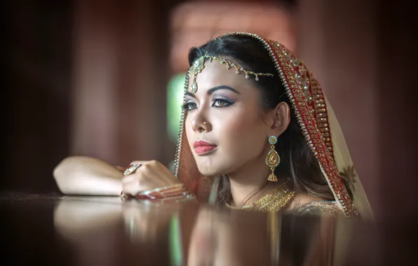 Look, girl, surface, decoration, face, pose, reflection, table