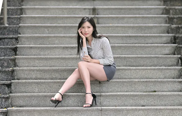 Girl, skirt, blouse, steps, legs, Asian