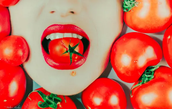 Girl, mouth, lipstick, tomatoes, tomatoes