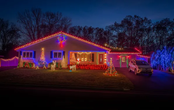 Picture lights, house, holiday, the evening, garland