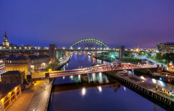 Picture river, England, bridges, night city, England, Gateshead