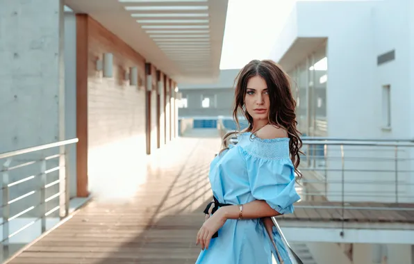 Look, the sun, pose, the building, portrait, makeup, dress, hairstyle