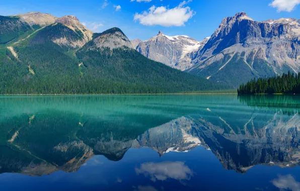 Forest, clouds, mountains, lake, reflection, blue, rocks, shore