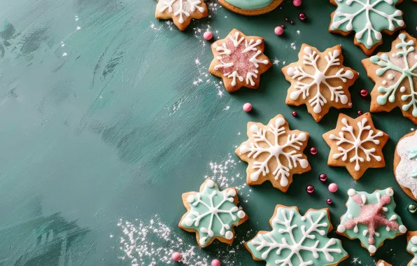 Balls, snowflakes, texture, cookies, Christmas, New year, green background, glaze